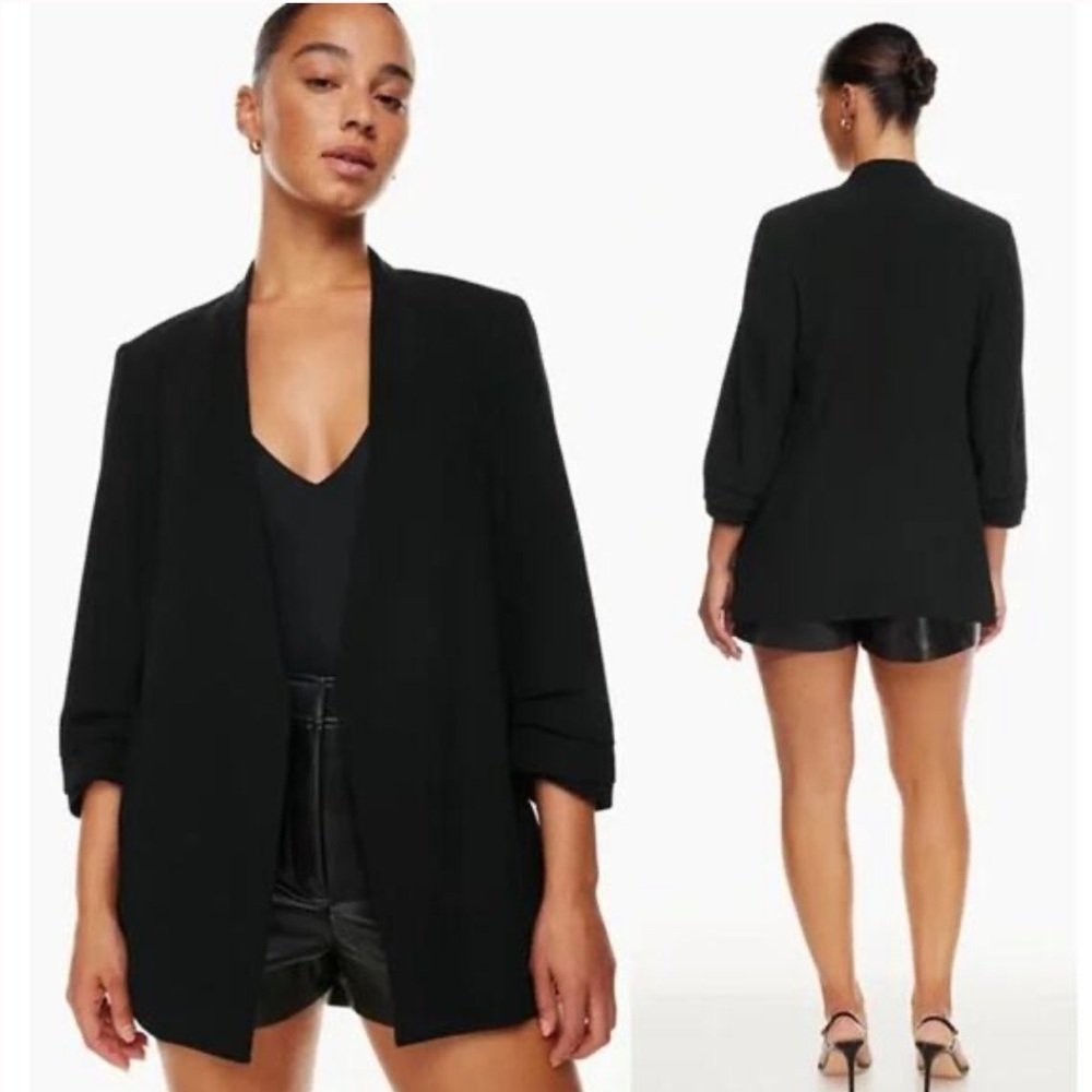Aritzia Babaton Power Hip Blazer Open Front Ruched 3/4 Sleeve Jacket Crepe Black